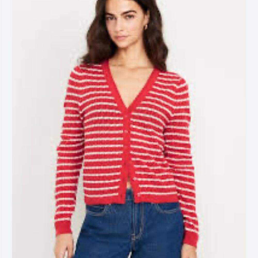 Old Navy SoSoft Lite V-Neck Pointelle Cardigan Sweater Red and White XS